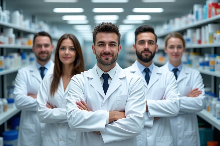 Slika tima stručnjaka iz Digital Marketing Sarajevo, prikazuje farmaceute i nutricioniste u laboratorijskom okruženju, simetrično raspoređene, s fokusom na profesionalnost i posvećenost kvaliteti.