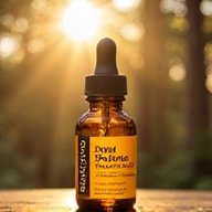Slika 'Vitamin D3 Kapi', prikazuje bočicu kapi s kapaljkom, fokusom na sunčevu svjetlost i zdravlje kostiju.